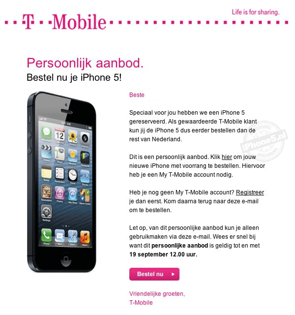 T-Mobile Persoonlijk aanbod: bestel nu je iPhone 5